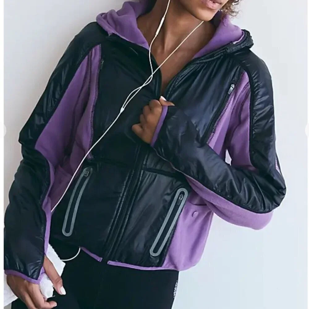 NWT Free People Go The Distance Fleece Jacket in Red Violet/Black Combo